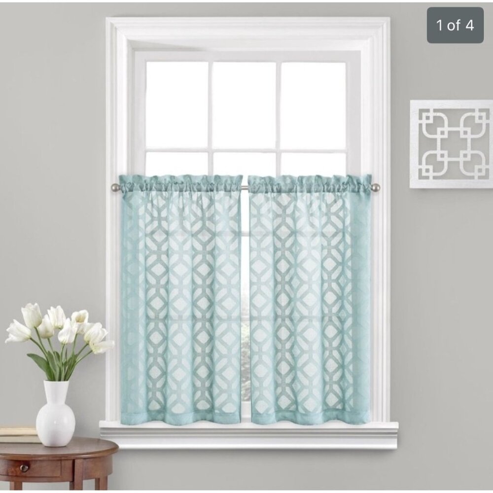 Porch & Den Orchaedia Trellis Pattern Tier Pair Light Aqua Sheer Curtains - Picture 2 of 7